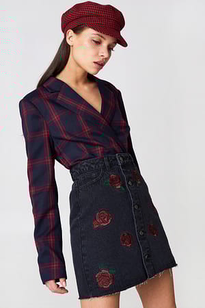 Black Button Up Rose Embroidery Skirt