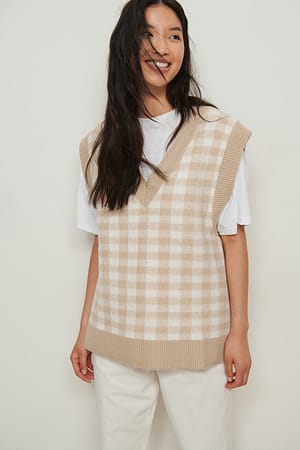 Beige/White À Carreaux Gilet En Maille Avec Col En V