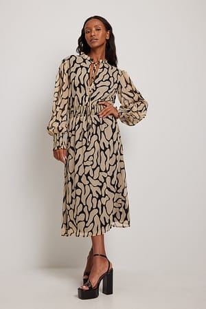 Black Print Robe midi en mousseline
