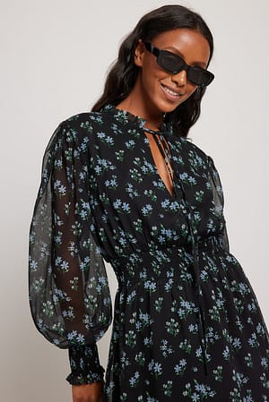 Bluegrey Blossom Pattern Robe midi en mousseline