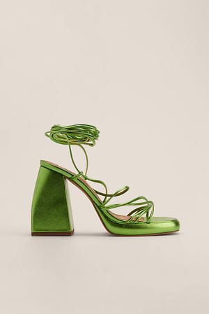 Metallic Green Chaussures rétro à talons épais et lanières