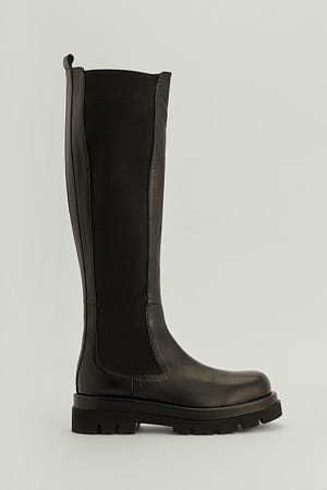 Black Bottes épaisses en cuir à tige profilée