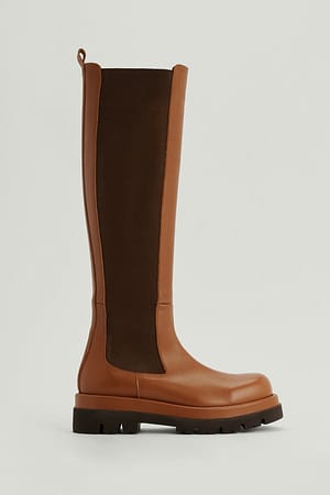 Tan Bottes épaisses en cuir à tige profilée