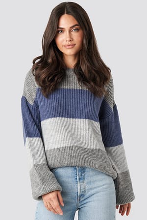 Grey/Blue Color Striped Balloon Sleeve Knitted Sweater