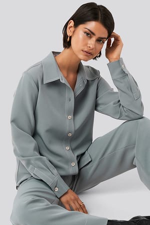 Dusty Blue Contrast Seam Overshirt