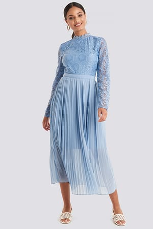 Dusty Blue NA-KD Boho Crochet Detail Pleated Dress