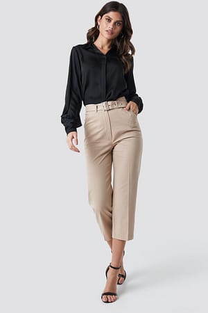 Beige Cropped Belted Pants