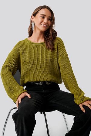 Olive Green NA-KD Cropped Boat Neck Knitted Sweater