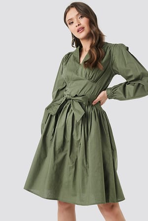 Khaki Green Cup Detail Tie Waist Dress