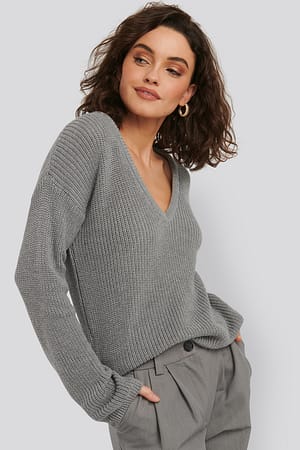 Grey Deep Front V-neck Knitted Sweater