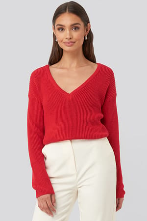 Poppy Red Deep Front V-neck Knitted Sweater