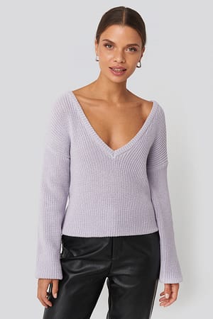Dusty Light Purple Deep Front V-neck Knitted Sweater