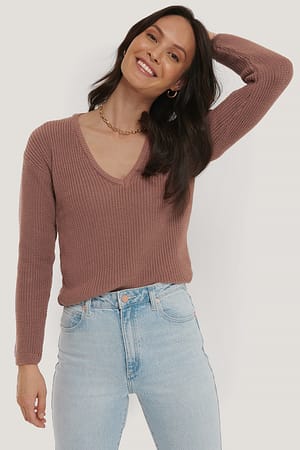 Dusty Dark Pink Deep Front V-neck Knitted Sweater