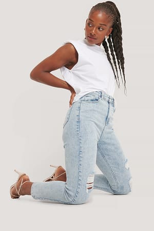 Light Blue Jean Slim Taille Haute Déchiré
