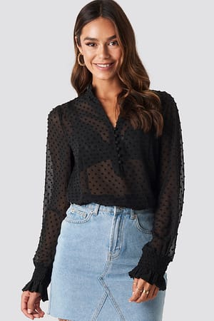 Black NA-KD Boho Dobby Flowy Buttoned Blouse