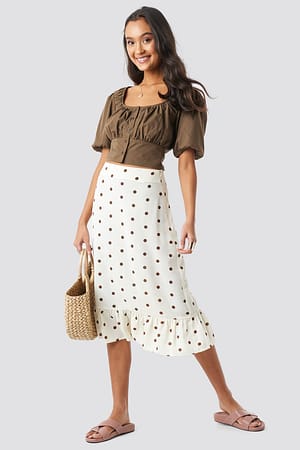 White/Brown Dots NA-KD Boho Dotted Flounce Midi Skirt