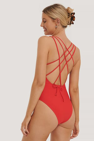 Red Double Cross Strap Swimsuit