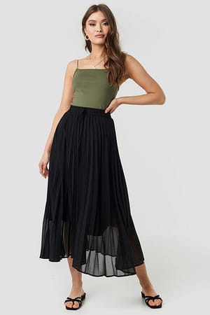 Black Drawcord Pleated Midi Skirt
