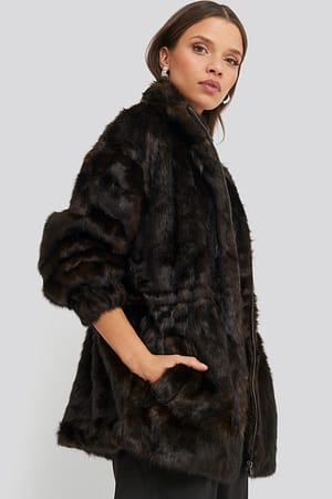 Dark Brown Drawstring Faux Fur Jacket