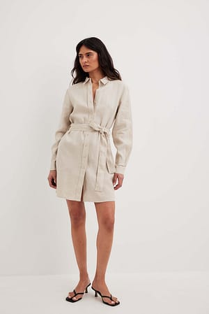 Beige Robe mini en lin à cordon de serrage