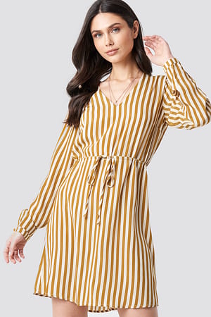 Mustard Yellow NA-KD Drawstring Waist Striped Dress
