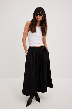 Black Jupe mi-longue en coton à taille élastique