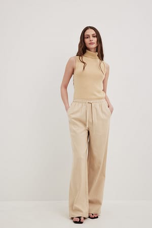 Beige Pantalon en lin à taille élastique