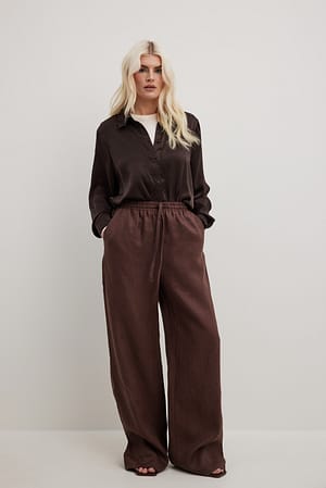 Brown Pantalon en lin à taille élastique