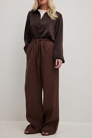 Brown Pantalon en lin à taille élastique