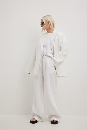 White Pantalon en lin à taille élastique
