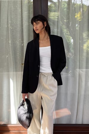 Beige Pantalon en lin à taille élastique