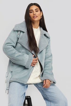 Dusty Blue NA-KD Trend Fake Suede Bonded Aviator Jacket