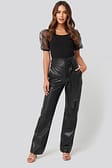 Deep Black Faux Leather Belted Straight Leg Pants