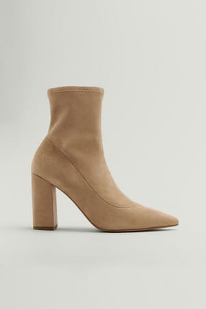 Beige Bottes À Talon Carré En Faux Suède