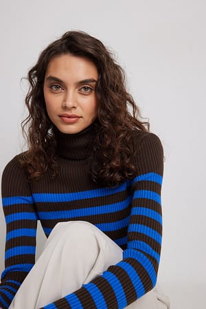 Brown/Blue Pull en maille à col roulé et rayures