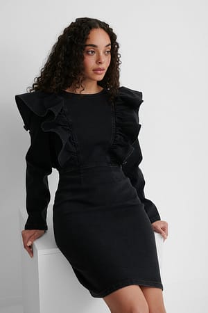 Washed Black NA-KD Robe en jean à volants