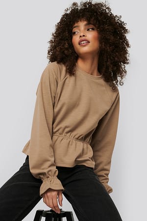 Beige Flounce Detail Jersey Top