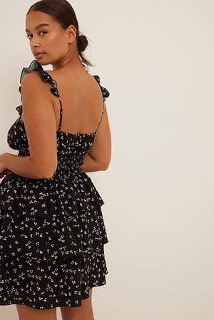 Black Floral Robe mini à volants