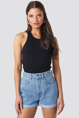 Light Blue Folded Hem High Waist Denim Shorts