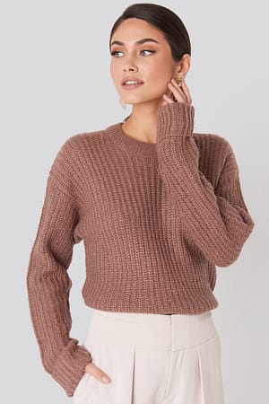 Dusty Dark Pink Folded Sleeve Round Neck Knitted Sweater