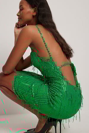 Green Jupe courte frangée à sequins