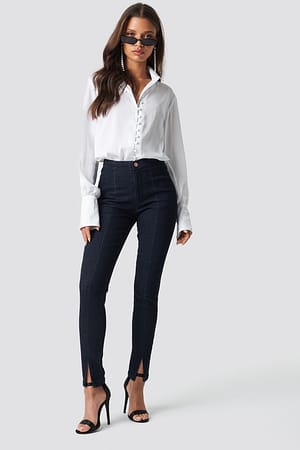 Dark Blue Front Slit Denim Pants