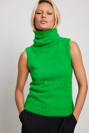 Green Gilet tricoté flou à col montant