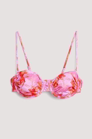 Pink Print Haut de bikini avec bonnets froncés