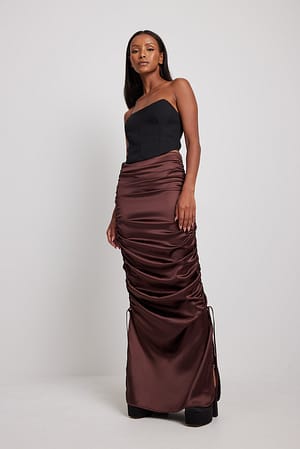 Brown Jupe longue froncée en satin
