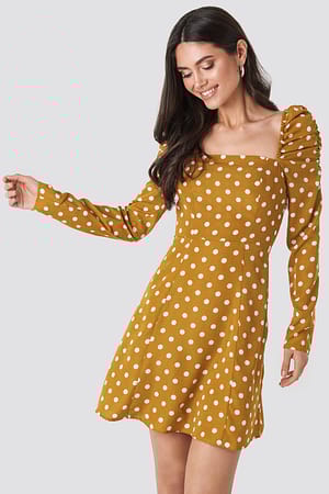 Mustard NA-KD Gathered Puff Sleeve Mini Dress