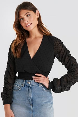 Black NA-KD Boho Gathered Sleeve Swiss Dot Top