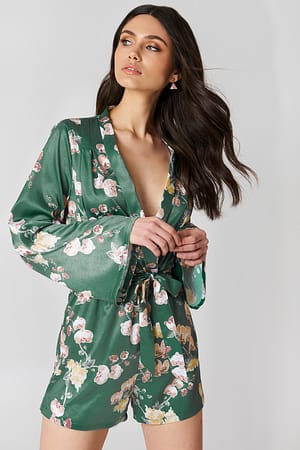 Green Orchid Print Hannalicious x NA-KD Deep V-neck Satin Playsuit