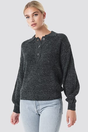 Grey Henley Knitted Sweater