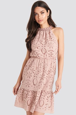 Dusty Pink NA-KD Boho High Neck Anglaise Dress